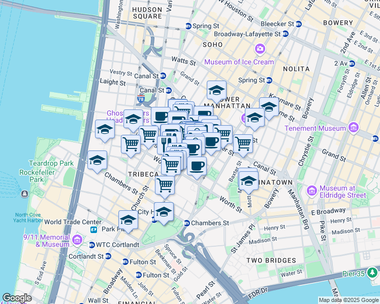 map of restaurants, bars, coffee shops, grocery stores, and more near 51-53 White Street in New York