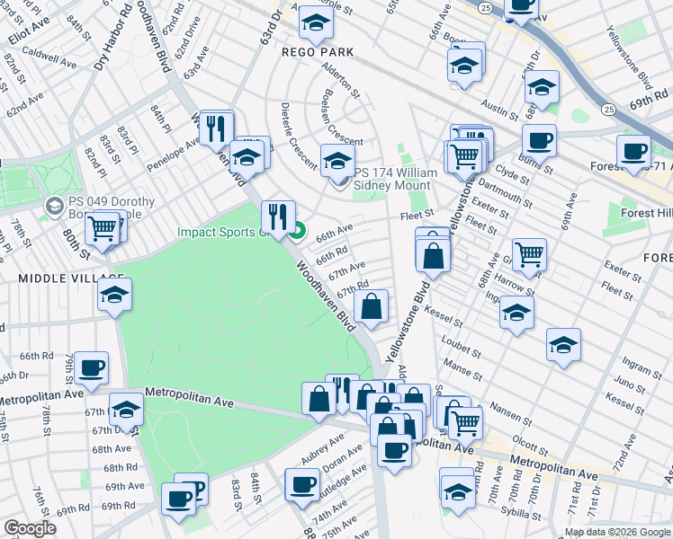 map of restaurants, bars, coffee shops, grocery stores, and more near 25 67th Avenue in Queens