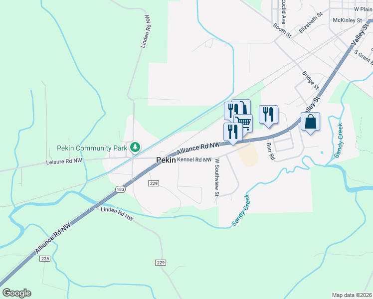 map of restaurants, bars, coffee shops, grocery stores, and more near 1186 Alliance Road Northwest in Minerva