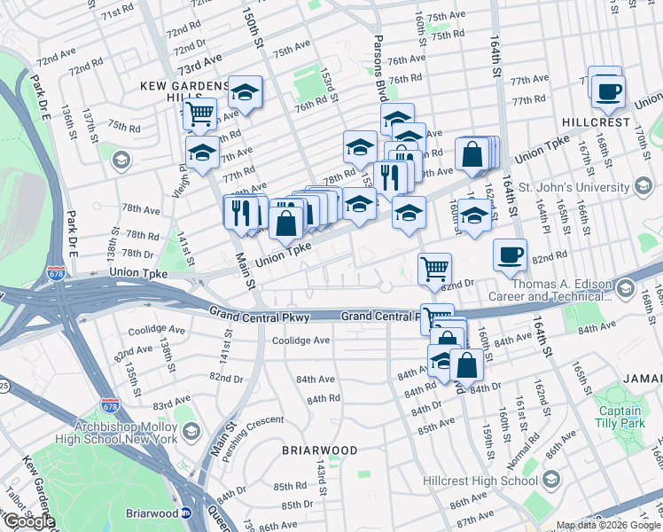 map of restaurants, bars, coffee shops, grocery stores, and more near 147-24 Charter Road in Queens