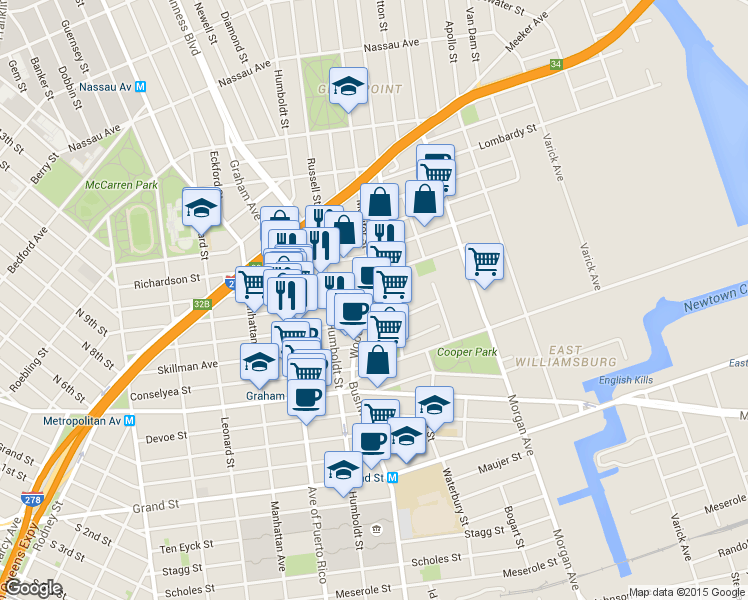 map of restaurants, bars, coffee shops, grocery stores, and more near Woodpoint Rd & Withers St in Brooklyn