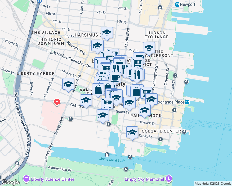 map of restaurants, bars, coffee shops, grocery stores, and more near 201 Montgomery Street in Jersey City