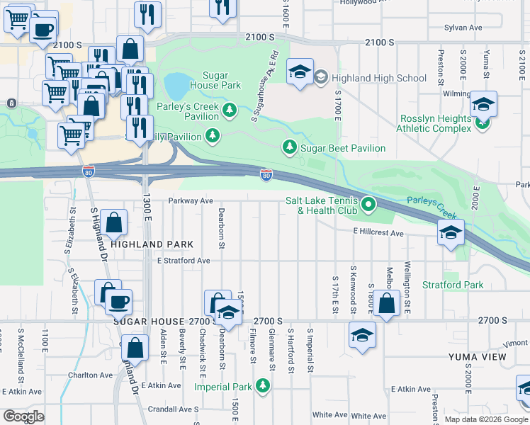 map of restaurants, bars, coffee shops, grocery stores, and more near 2486 Glenmare Street in Salt Lake City