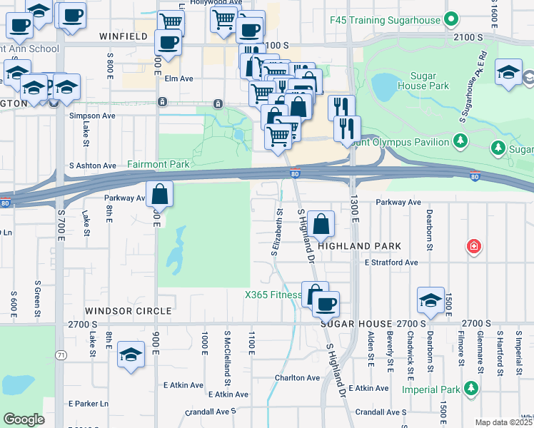 map of restaurants, bars, coffee shops, grocery stores, and more near 2434 South Elizabeth Street in Salt Lake City