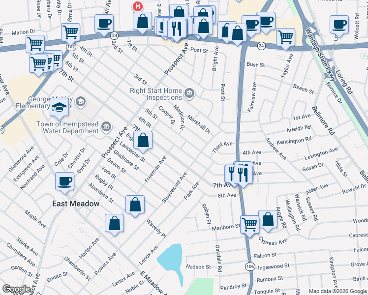 map of restaurants, bars, coffee shops, grocery stores, and more near 2469 6th Street in East Meadow
