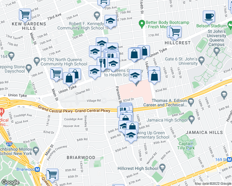 map of restaurants, bars, coffee shops, grocery stores, and more near 150-81 Village Road in Queens