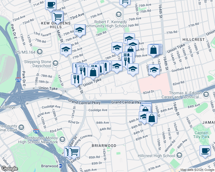 map of restaurants, bars, coffee shops, grocery stores, and more near 147-24 Charter Road in Queens