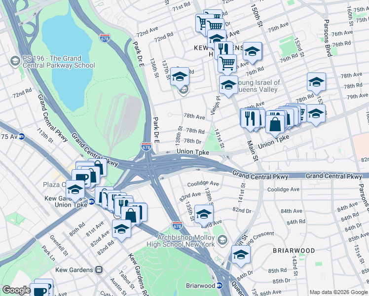 map of restaurants, bars, coffee shops, grocery stores, and more near 138-29 Union Turnpike in Queens