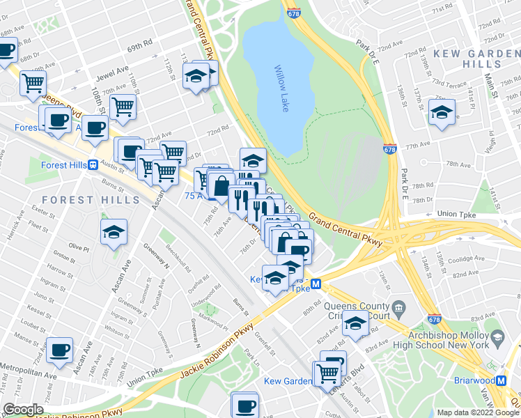 map of restaurants, bars, coffee shops, grocery stores, and more near 113-29 Queens Boulevard in Queens