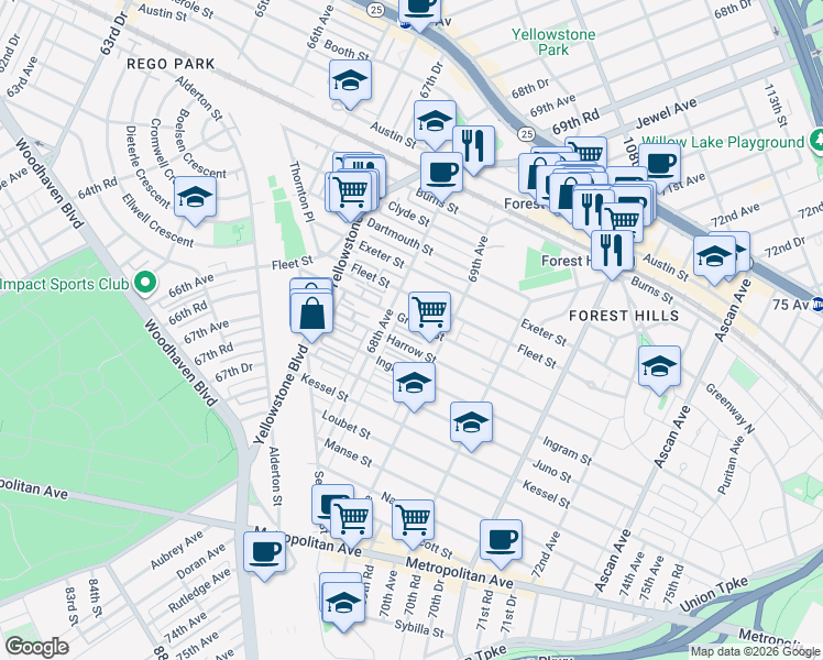 map of restaurants, bars, coffee shops, grocery stores, and more near 68-48 Groton Street in Queens