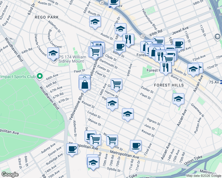 map of restaurants, bars, coffee shops, grocery stores, and more near 68-48 Groton Street in Queens