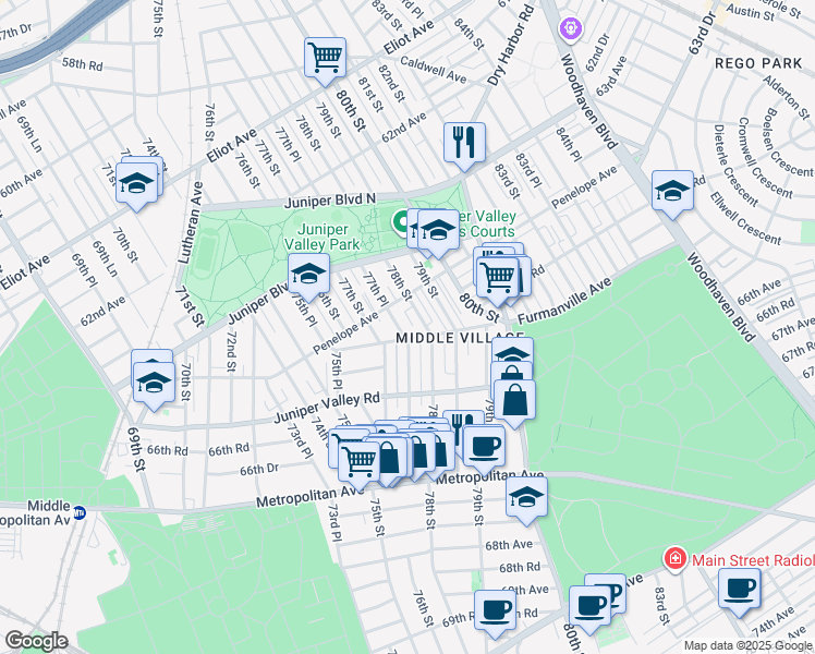 map of restaurants, bars, coffee shops, grocery stores, and more near 77-31 Furmanville Avenue in Queens