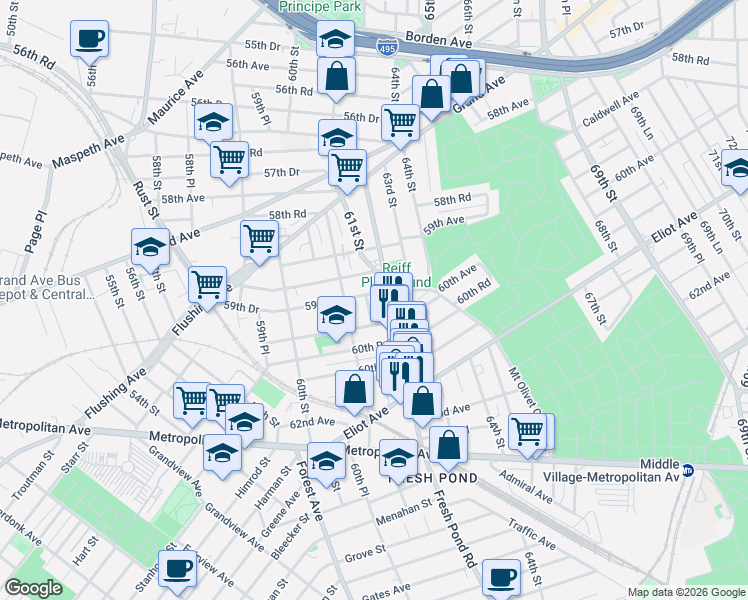 map of restaurants, bars, coffee shops, grocery stores, and more near 59-79 Fresh Pond Road in Queens