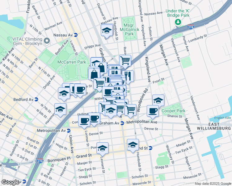 map of restaurants, bars, coffee shops, grocery stores, and more near 159 Withers Street in Brooklyn