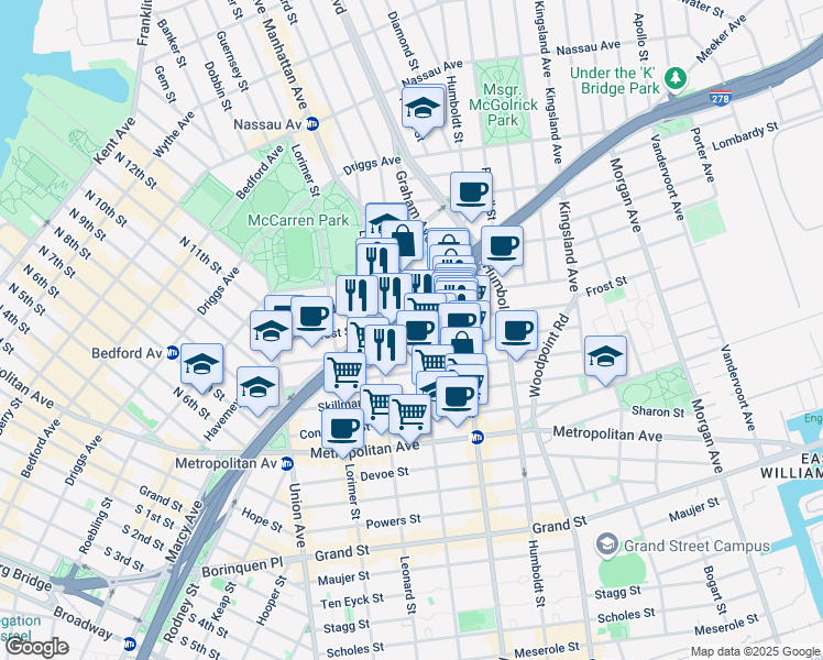 map of restaurants, bars, coffee shops, grocery stores, and more near 104 Frost Street in Brooklyn