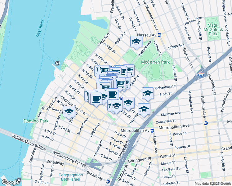 map of restaurants, bars, coffee shops, grocery stores, and more near 155 North 7th Street in Brooklyn