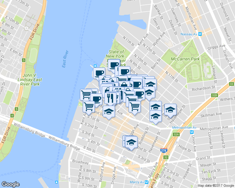 map of restaurants, bars, coffee shops, grocery stores, and more near 76 North 4th Street in Brooklyn