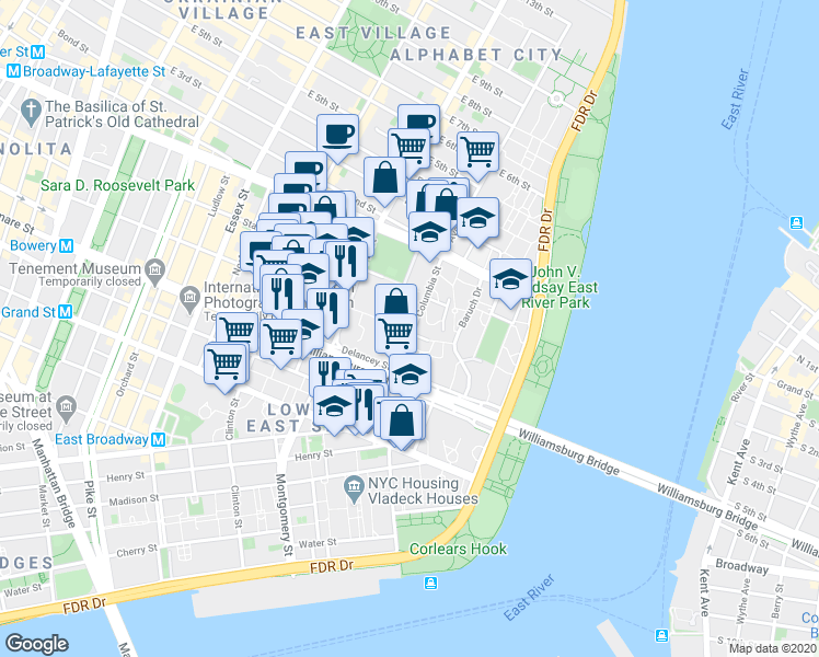 map of restaurants, bars, coffee shops, grocery stores, and more near 69 Columbia Street in New York