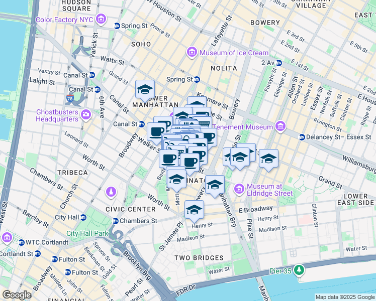 map of restaurants, bars, coffee shops, grocery stores, and more near in New York