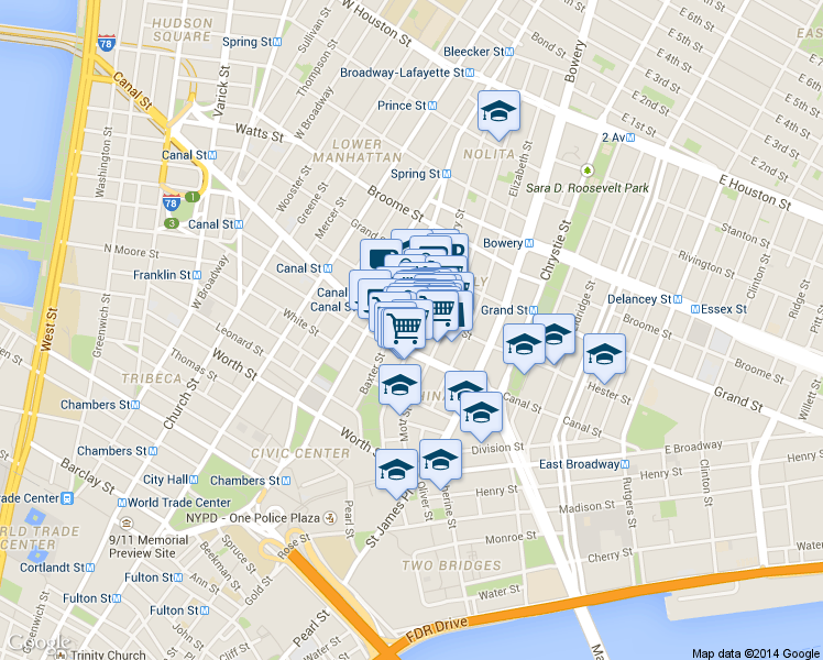 map of restaurants, bars, coffee shops, grocery stores, and more near in New York