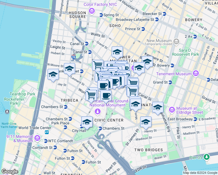 map of restaurants, bars, coffee shops, grocery stores, and more near 381 Broadway in New York