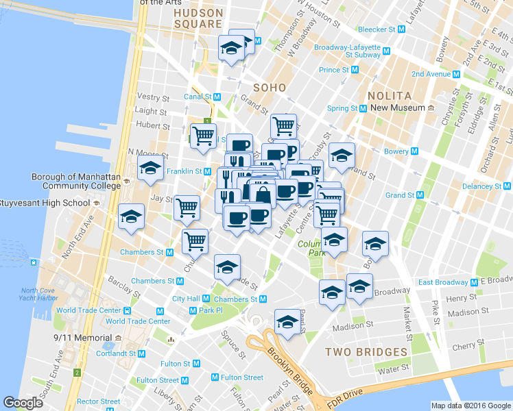 map of restaurants, bars, coffee shops, grocery stores, and more near in New York