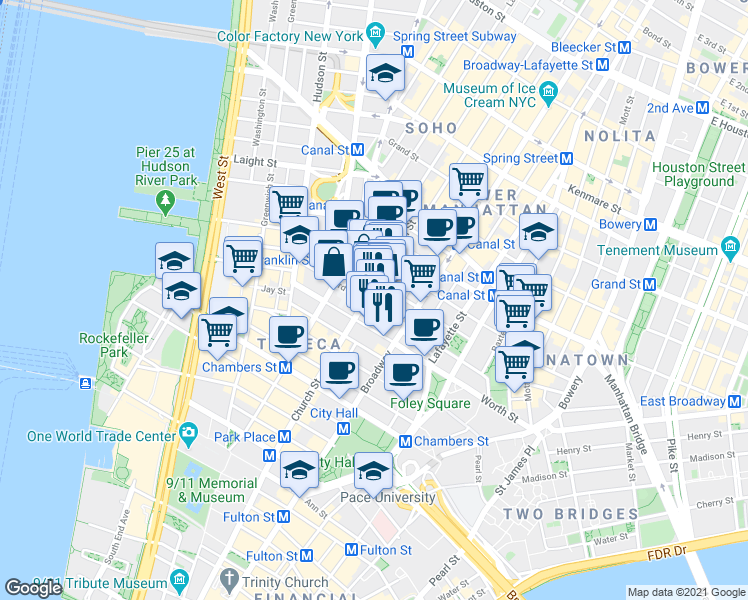 map of restaurants, bars, coffee shops, grocery stores, and more near 66 Leonard Street in New York