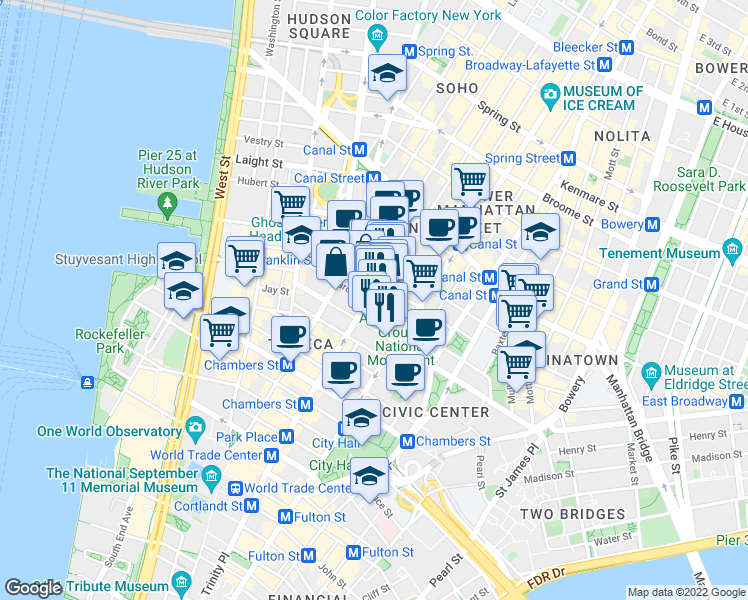 map of restaurants, bars, coffee shops, grocery stores, and more near 66 Leonard Street in New York