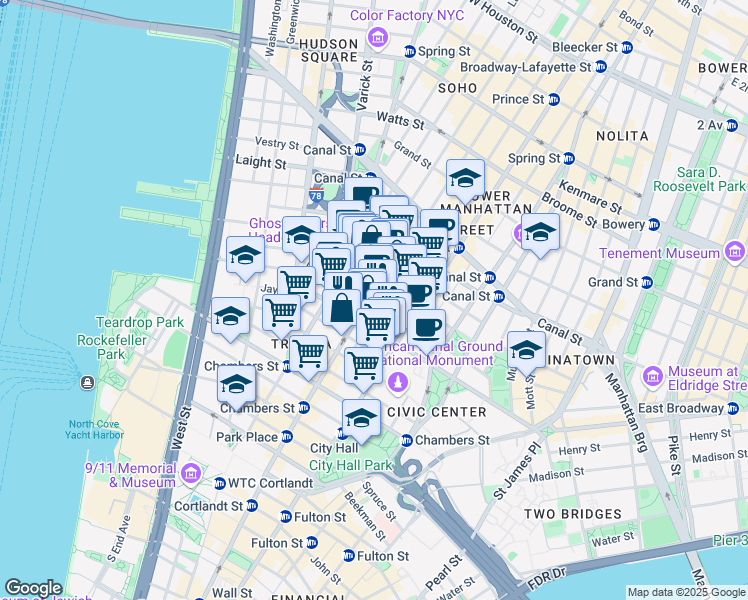 map of restaurants, bars, coffee shops, grocery stores, and more near 66 Leonard Street in New York