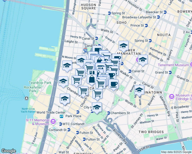 map of restaurants, bars, coffee shops, grocery stores, and more near 66 Leonard Street in New York