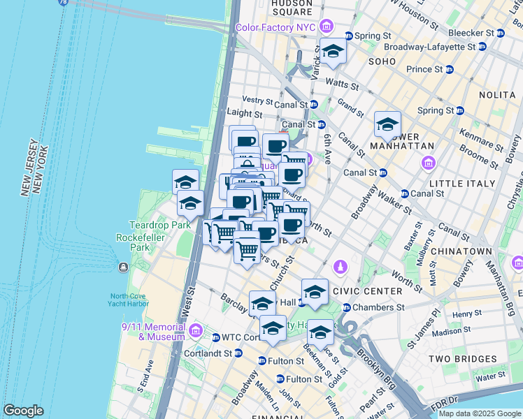 map of restaurants, bars, coffee shops, grocery stores, and more near 179 Duane Street in New York