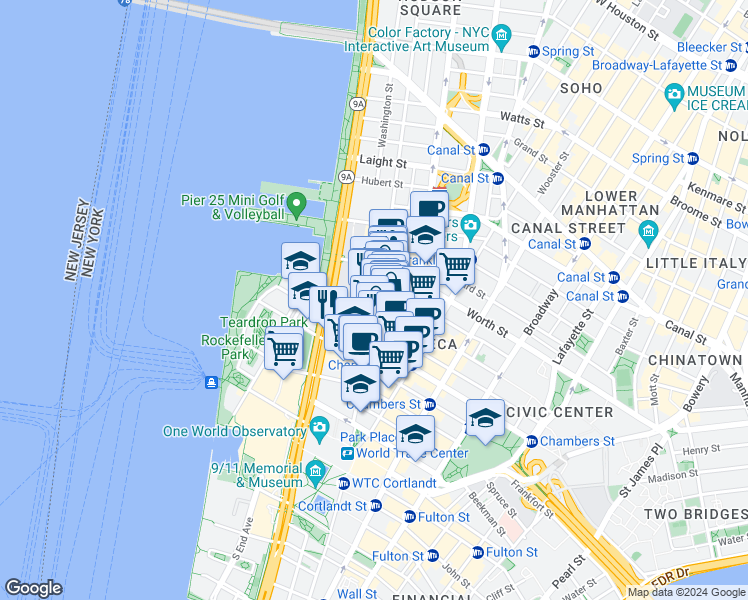 map of restaurants, bars, coffee shops, grocery stores, and more near Reade Street in New York