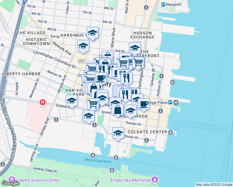 map of restaurants, bars, coffee shops, grocery stores, and more near 128 Montgomery Street in Jersey City