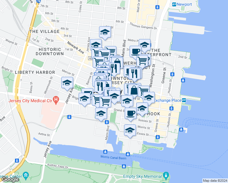 map of restaurants, bars, coffee shops, grocery stores, and more near 201 Montgomery Street in Jersey City