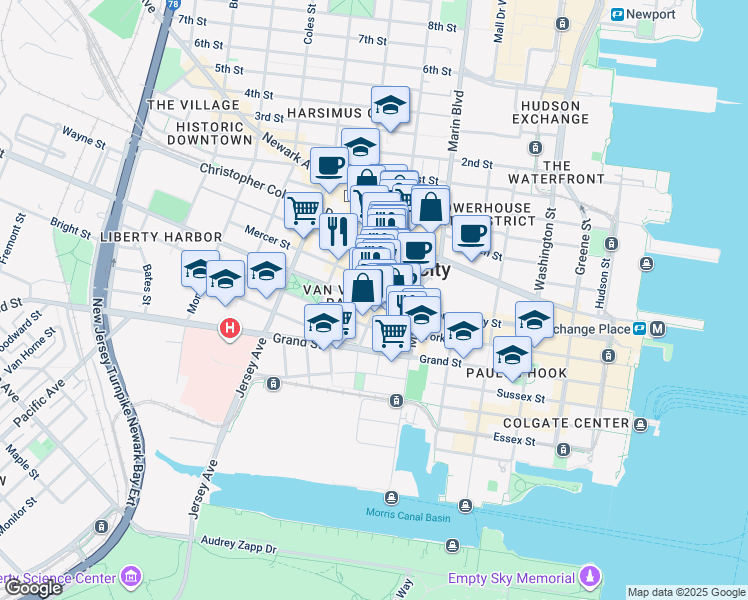 map of restaurants, bars, coffee shops, grocery stores, and more near 215 Montgomery Street in Jersey City