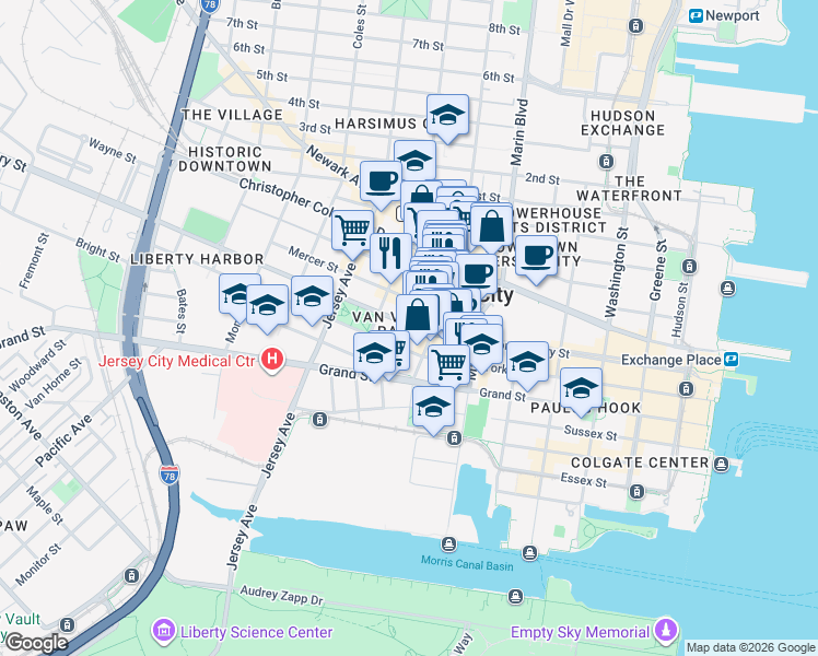 map of restaurants, bars, coffee shops, grocery stores, and more near 215 Montgomery Street in Jersey City