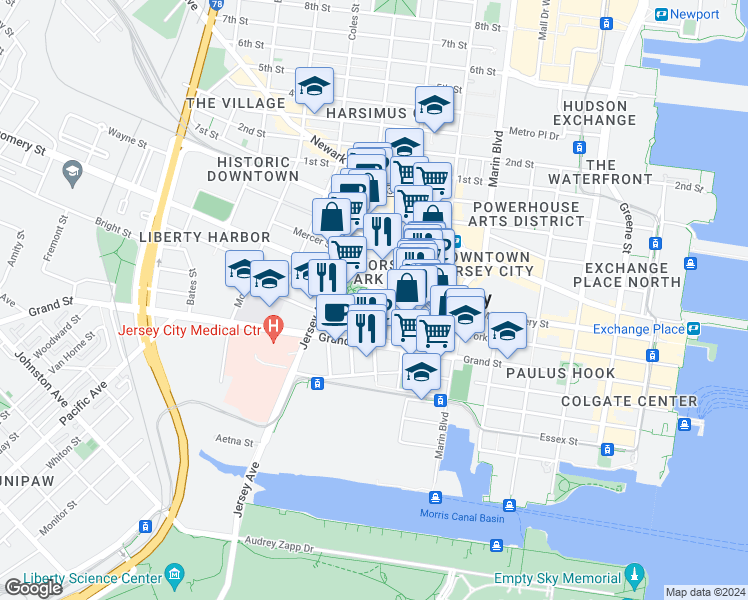 map of restaurants, bars, coffee shops, grocery stores, and more near 258 Barrow Street in Jersey City