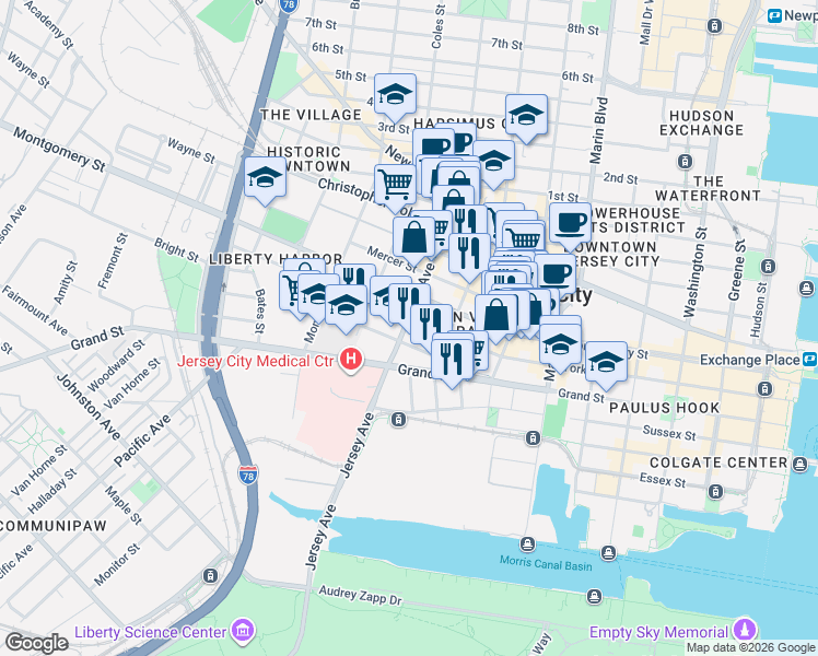 map of restaurants, bars, coffee shops, grocery stores, and more near 293 York Street in Jersey City