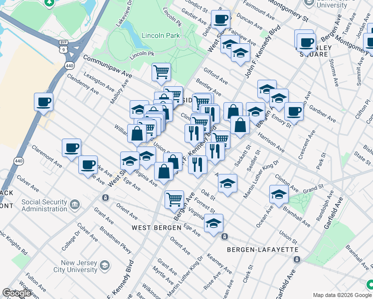 map of restaurants, bars, coffee shops, grocery stores, and more near 2315 John F. Kennedy Boulevard in North Bergen