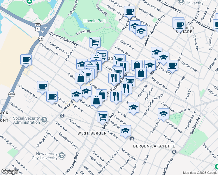 map of restaurants, bars, coffee shops, grocery stores, and more near 2315 John F. Kennedy Boulevard in North Bergen