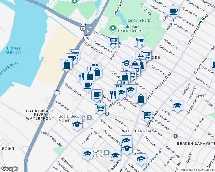 map of restaurants, bars, coffee shops, grocery stores, and more near 306 Ege Avenue in Jersey City