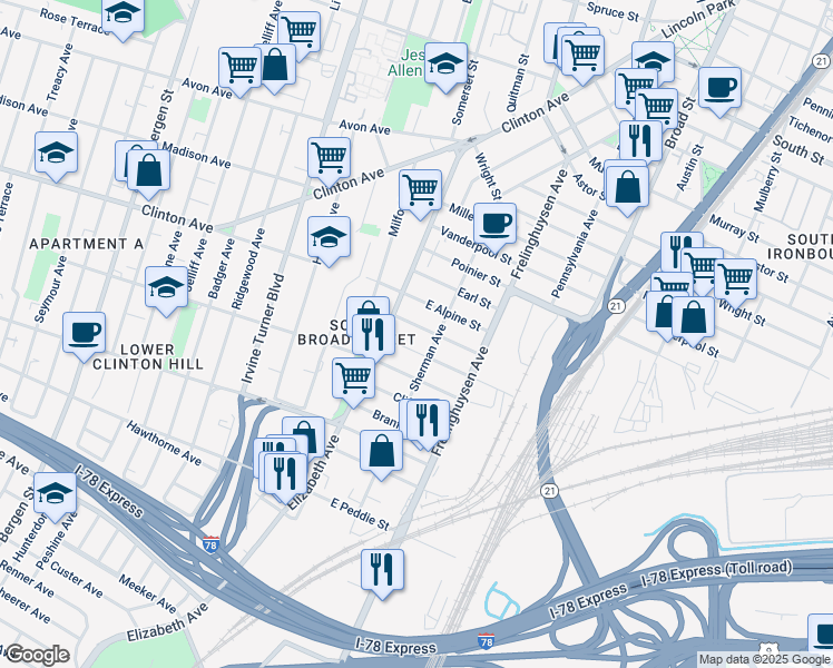 map of restaurants, bars, coffee shops, grocery stores, and more near 36 Hunter Street in Newark