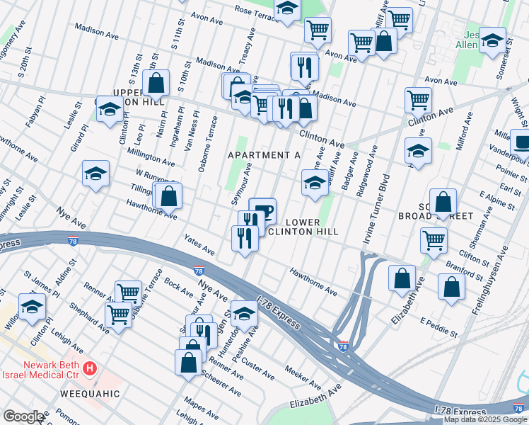 map of restaurants, bars, coffee shops, grocery stores, and more near in Newark