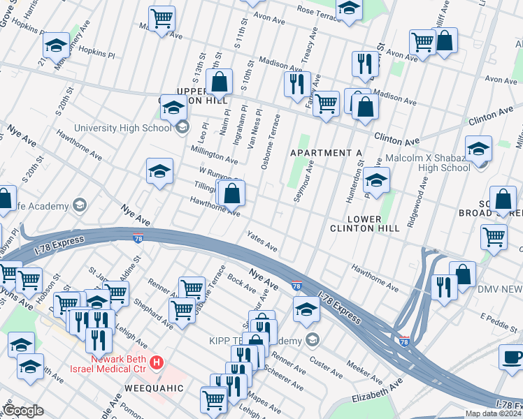 map of restaurants, bars, coffee shops, grocery stores, and more near 147 Osborne Terrace in Newark