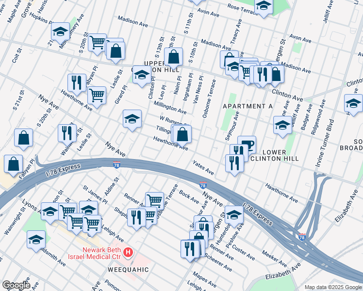 map of restaurants, bars, coffee shops, grocery stores, and more near 344 Hawthorne Avenue in Newark