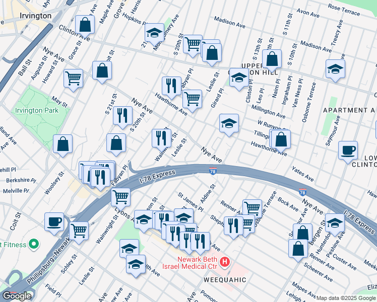 map of restaurants, bars, coffee shops, grocery stores, and more near 44 Hobson Street in Newark