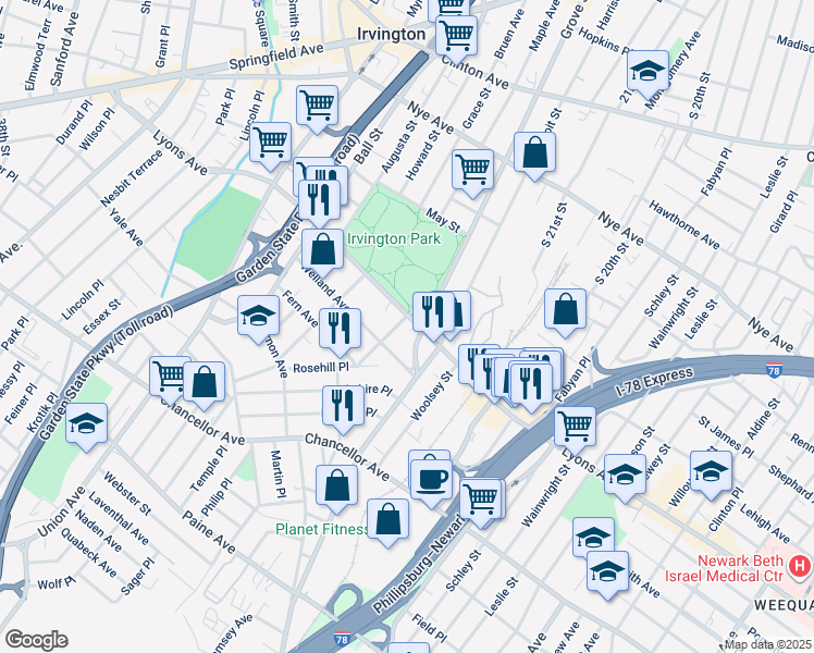 map of restaurants, bars, coffee shops, grocery stores, and more near in Irvington