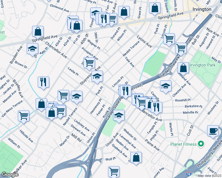 map of restaurants, bars, coffee shops, grocery stores, and more near 280 Park Place in Irvington