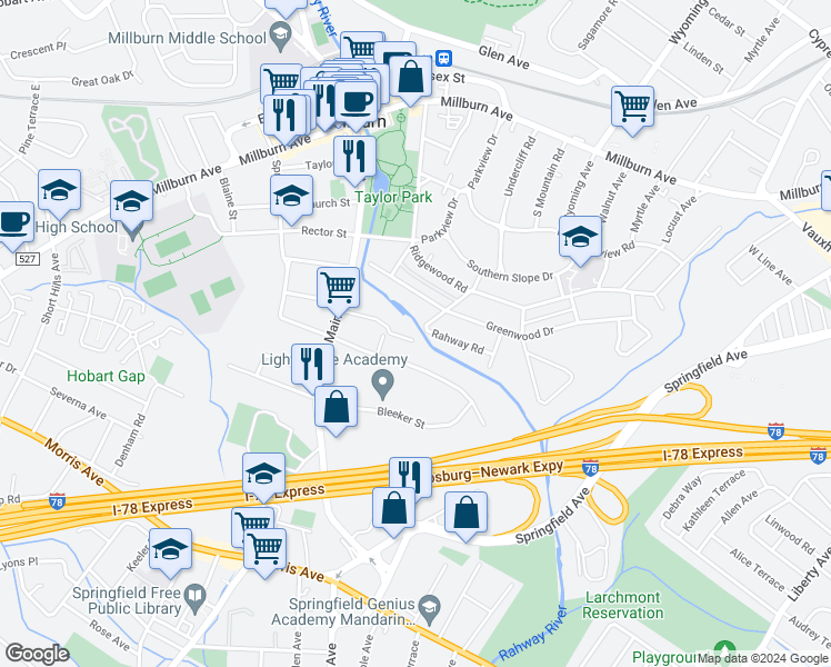 map of restaurants, bars, coffee shops, grocery stores, and more near 72 A Lakeside Drive in Millburn