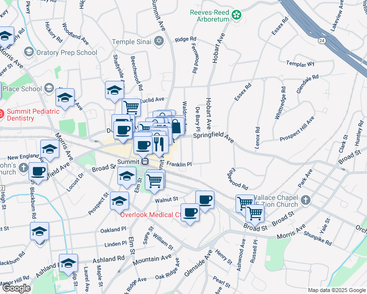 map of restaurants, bars, coffee shops, grocery stores, and more near 320 Springfield Avenue in Summit